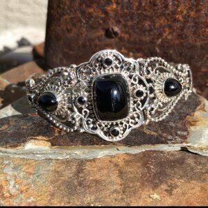 Sterling Silver & Black Glass Cuff Bracelet Easy-On Hinge